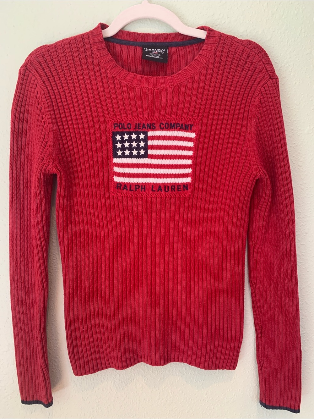 Vintage Polo Ralph Lauren Jeans USA Flag Ribbed Knitted Sweater Size Medium